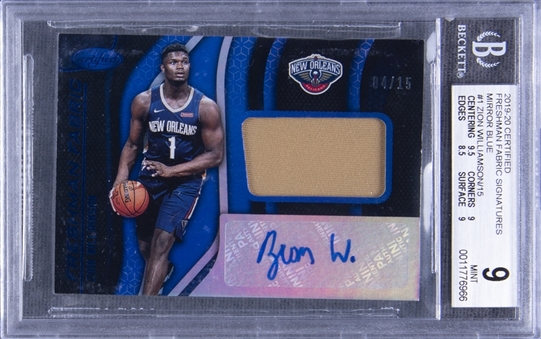 2019/20 Certified Freshman Fabric Mirror Blue Zion Williamson Signed Rookie Card (#04/15) – BGS MINT 9/BGS 10
